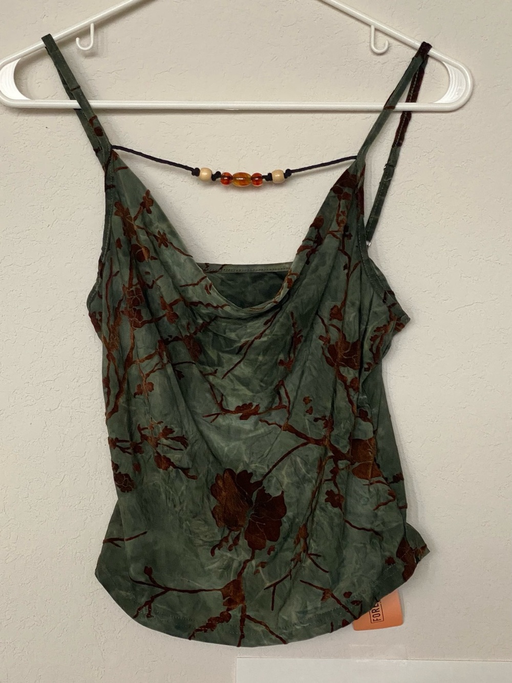 Forever 21 Olive Green Floral Cowl Neck Camisole with Beaded Horizontal Detail.